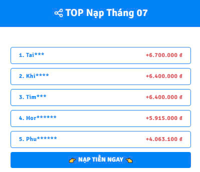 TOP NẠP THẺ THÁNG 5